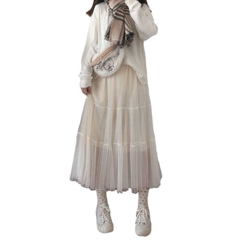 Skirts Korean Fashion Black Long Women High Waist Pleated Cute Girl Tulle Fairy Layered Mesh Party A Line Puffy Midi QLXX