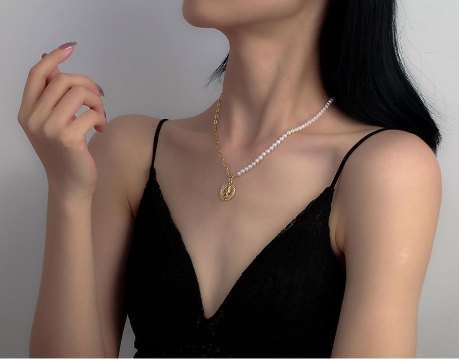 2021 S925 Sterling Silver beauty head double sided Pendant Necklace women&#039;s European and American pearl stitched clavicle chain Jewelry gift