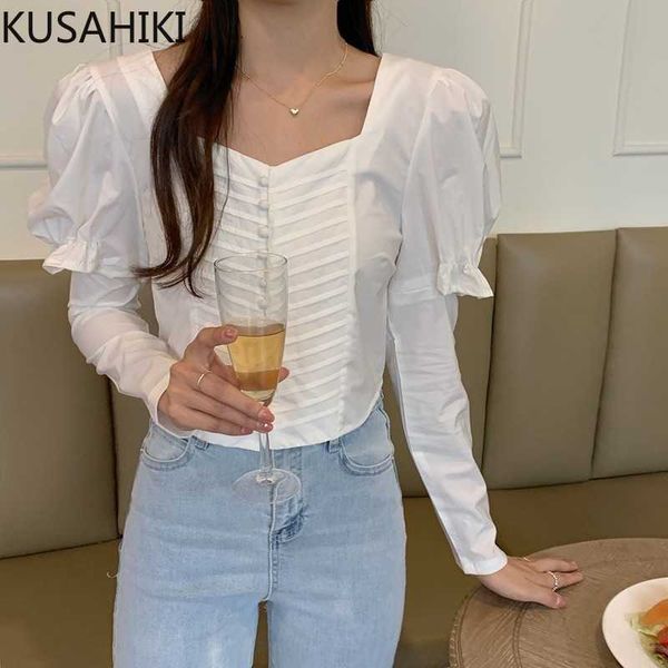 Womens Tops Korean Square Collar Puff Sleeve Blouse Shirt Spring Slim Elegant Short Blusas Feminimos 6G428 210603