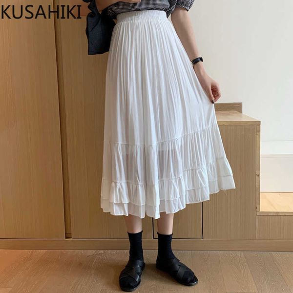 Skirts Womens High Waisted Elegant Bottoms Causal Ruffle Patchwork A-line Mid-calf Skirt Faldas Mujer Moda 6G833 210603