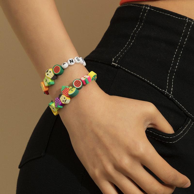 Beaded, Strands Kpop Cute Candy Color Acrylic Colorful Beade Bracelets For Women Girls Fruit Letter Bangle Set Kid Jewelry Gift
