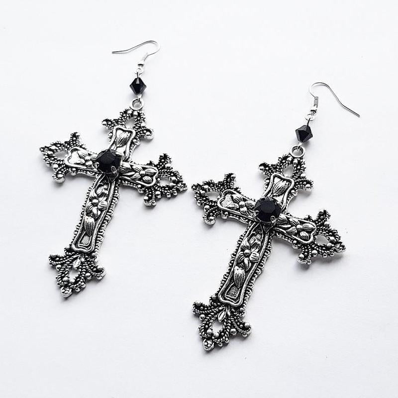 Dangle & Chandelier Goth Large Detailed Cross Black Drill Jewel Earrings Silver Color Gothic Punk Jewellery Fashion Gorgeous Statement Women