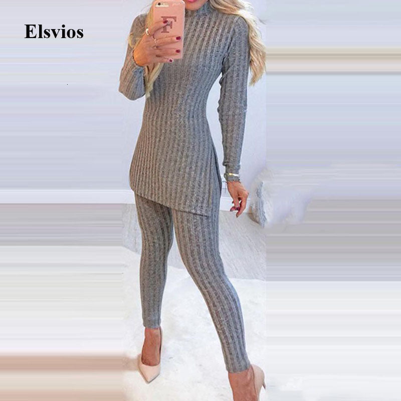 Bustiers & Corsets Office Lady Knitted Suits Outfit Elegant Beading Split Long Sleeve Tops And Skinny Pants Women Sets Casual Soli
