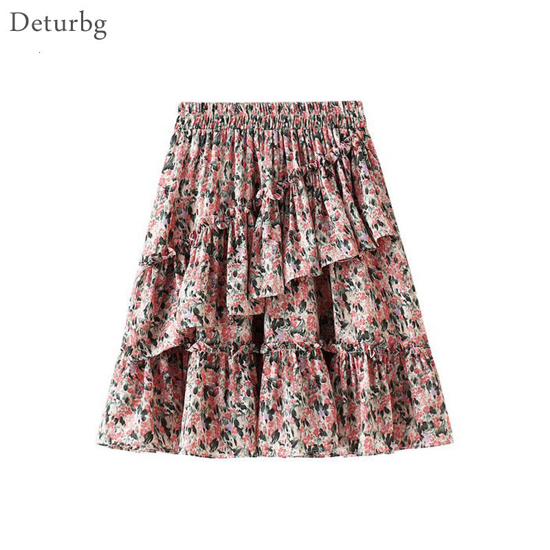Casual Dresses Womens Sweet Florals Print Chiffon Tiered Skirt With Liner Female Korean High Waist Ruffled Short Skirts Saias Summ
