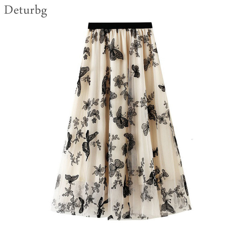 Casual Dresses Women&#039;s Elegant Butterfly Embroidered Tulle Skirt Female High Waist 3 Layer Mesh A-Line Slim Midi Skirts Summer SK5