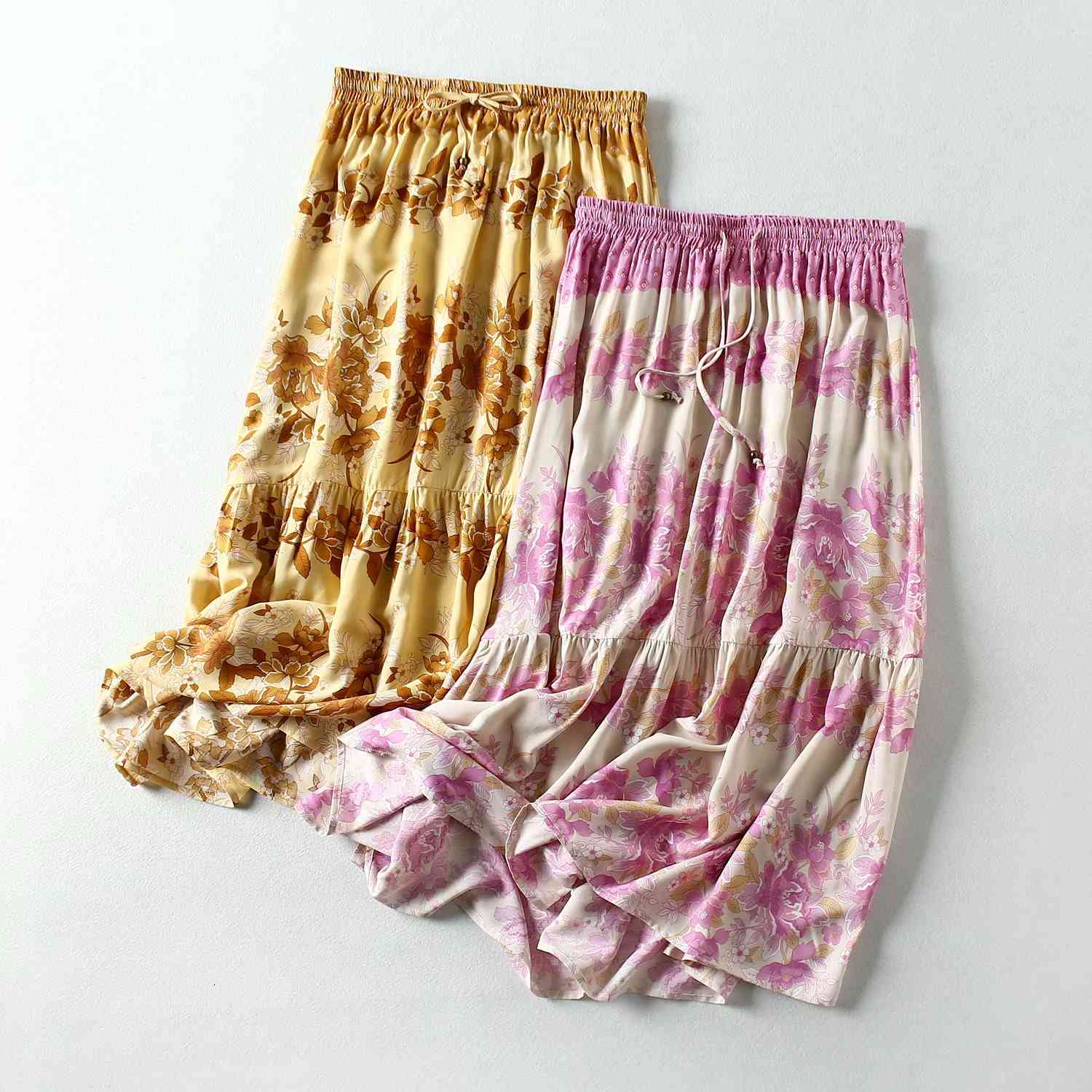 Skirts Women Boho Vintage Floral Print Midi Spring Summer Elastic Waist Patchwork Falda Retro Bohemian Beach Vacation Seaside M5Z3