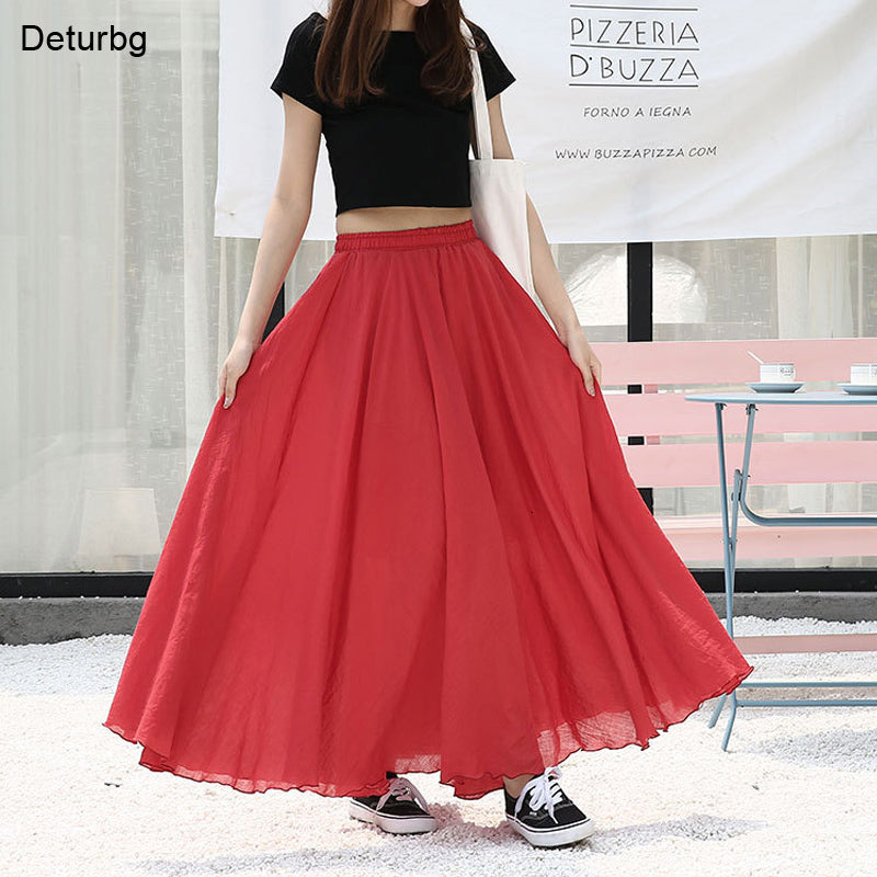 Casual Dresses Japanese Style Solid High Waist Skirt For Women Ladies Maxi Skirts Elastic 2 Layers Red Linen Long saias P1 ZBCX