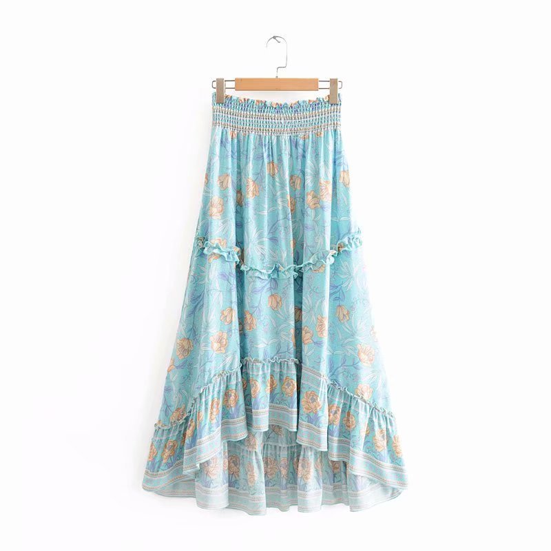 Skirts 3 Colors Blue long boho skirt for women cotton tiered ruffle trim elastic waist asymmetrical bohemian beach s floral print summer JKQS