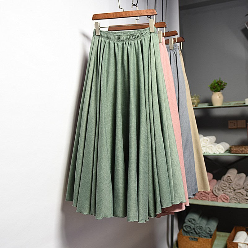 Casual Dresses Women&#039;s Korean Style Pleated Long Skirt Autumn Winter Ladies Vintage High Waist Cotton Linen Tutu Skirts Quality SK