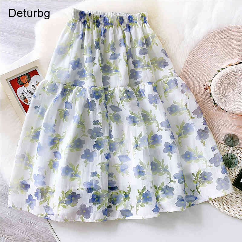 Casual Dresses Women&#039;s Elegant Floral Print Midi Full Skirt Korean Female High Waist Organza Tutu Skirts Mujer Faldas 2021 Summer