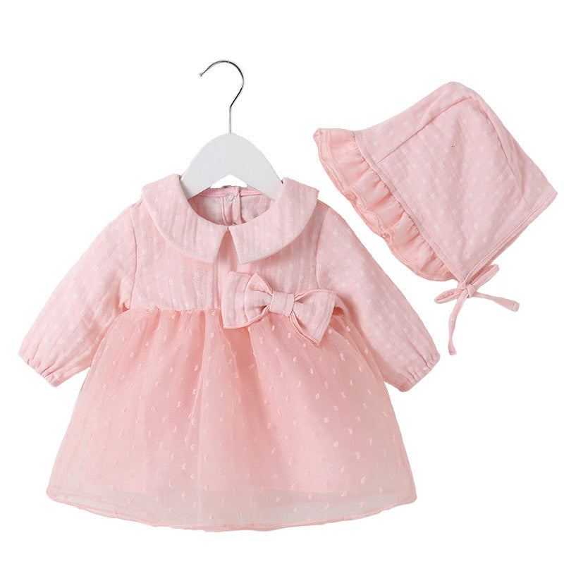 Girl&#039;s Infant Party Dresses 0-3 3-6 6-9 9-12 Months Fall Cotton Pink White Peter Pan Collar Tulle Dress With Bow For Newborn Girl 1023