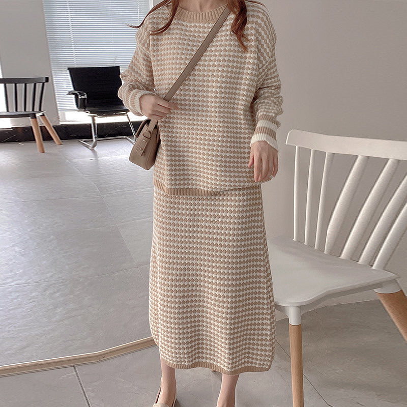 Skirts Women&#039;s Knitted 2 Piece Suits Midi Sets For Girls Dot Grid Pullover Sweater Female Autumn Elegant Suit Ladies RJZP