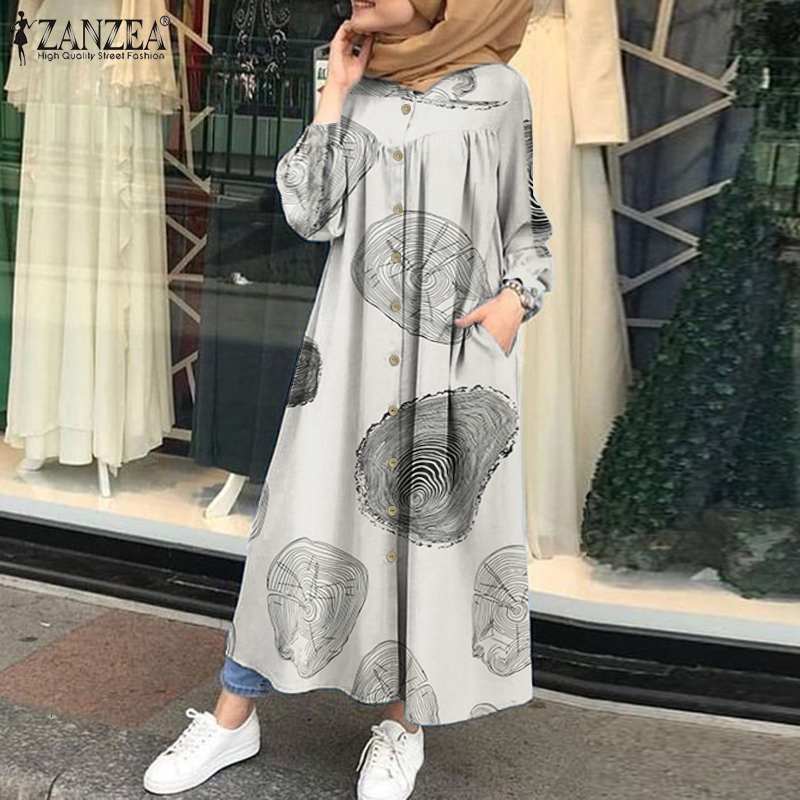 Women&#039;s Blouses & Shirts ZANZEA Women Muslim Vintage Dress Islamic Kaftan Long Sleeve Robe Casual Print Dresses Maxi Abaya Hijab Z