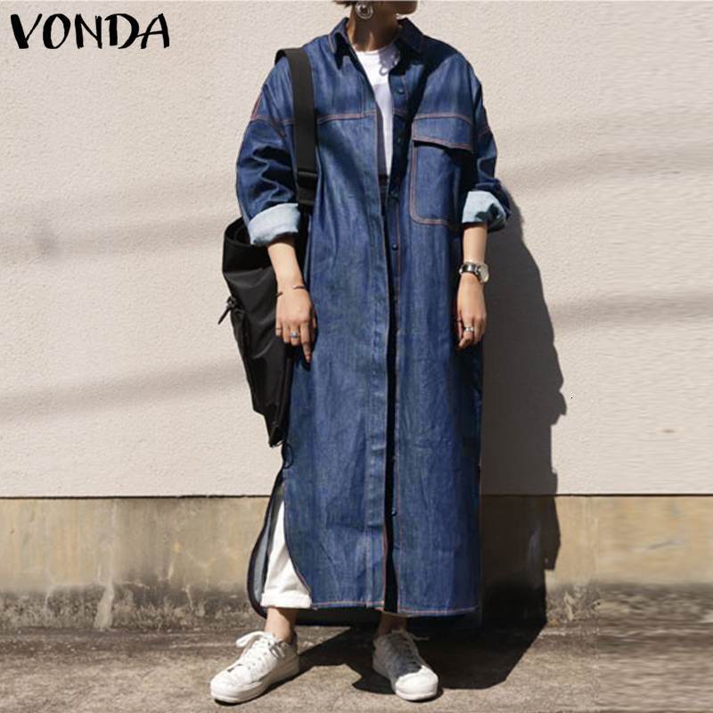 Women&#039;s Jackets 2021 VONDA Demin Coats Holiday Outerwears Women Vintage Long Sleeve Lapel Collar Solid Maxi Femininas Plus Size ZY