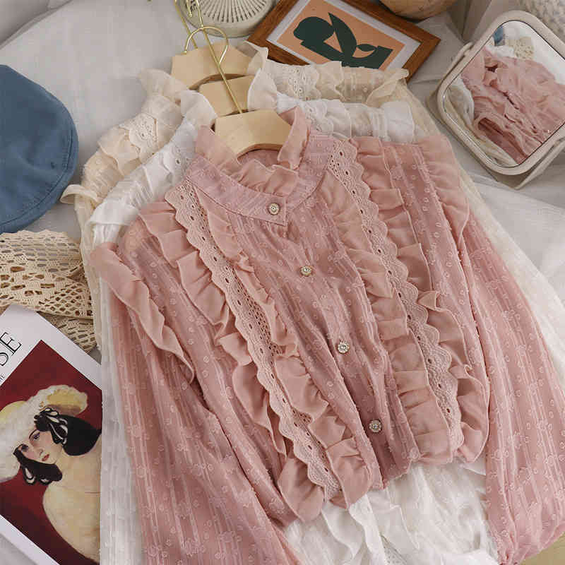 Women&#039;s Blouses & Shirts Sweet Lace Ruffles Long Lantern Sleeved Chiffon Top Pink Black Ivory RQO6