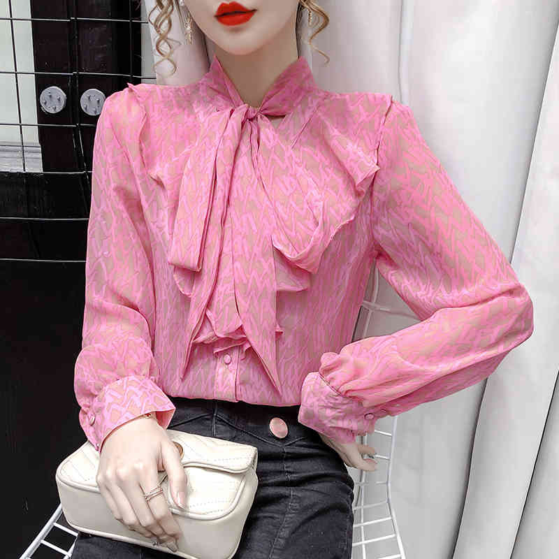 Women&#039;s Tanks & Camis Spring Pink Zigzag Striped Chiffon Long-sleeved Shirts Bowknot Elegant Sheer Blouses STAL