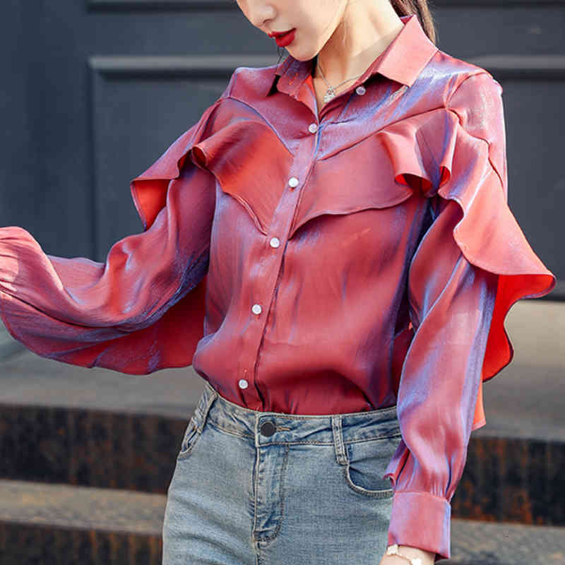 Women&#039;s Tanks & Camis Retro Metallic Discolor Ruffles Collar Single-breasted Long Sleeved Blouses Gradient Color Shirts Q33K