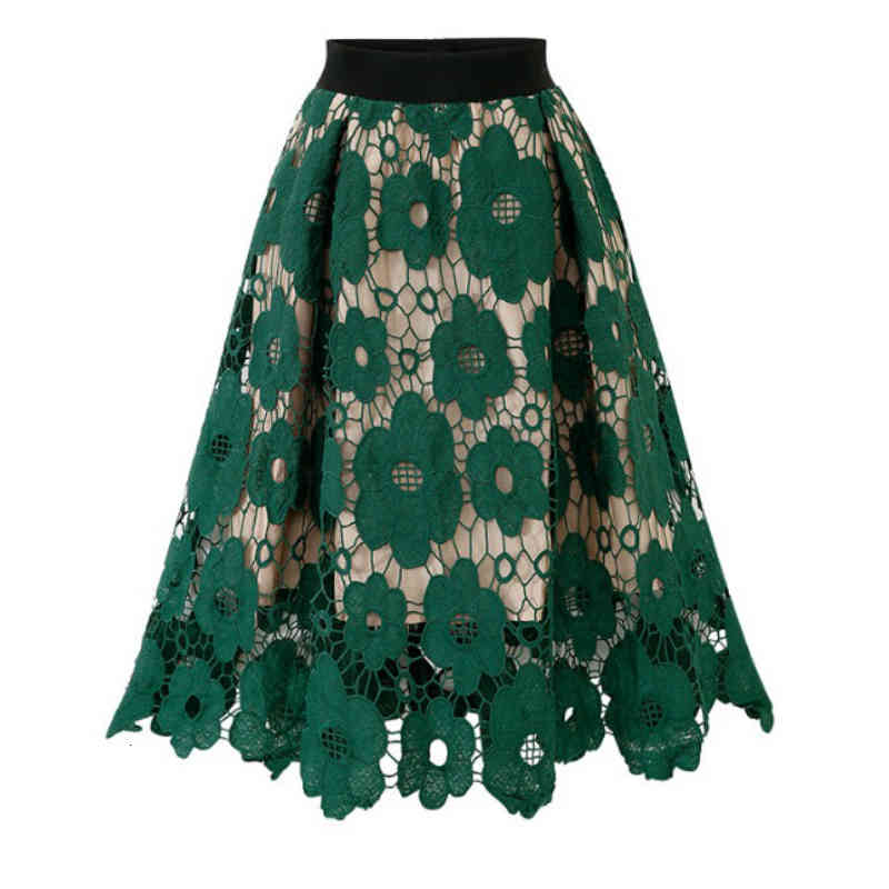 Skirts Autumn Lace Crochet A-line Midi High Waisted Floral Hollow Out Pleated Below Knee Green Coffee Navy GABT