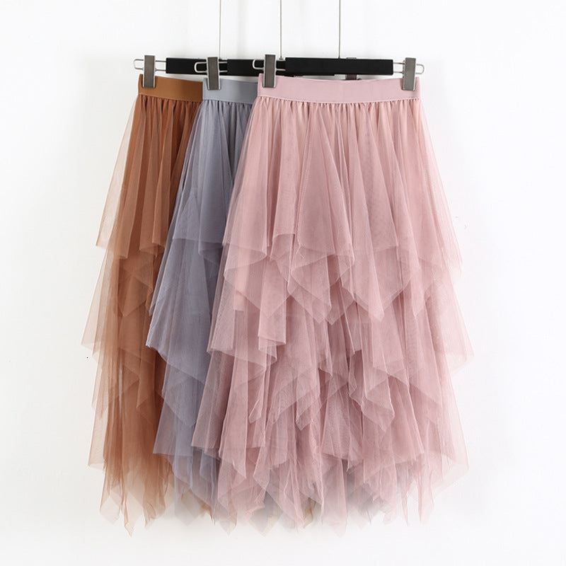 Skirts Spring Summer Layered Irregular Long Gauze Solid Color Fairy High Low Cakee Candy Mesh Blue Pink Gray 2SDW
