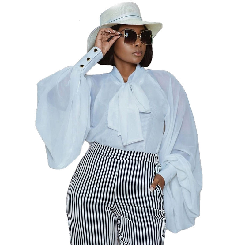 Women&#039;s Blouses & Shirts White Chiffon Blouse and Bloues Korean Clothes Bow Lantern Long Sleeve Elegant Tops Women Casual Office Shirt