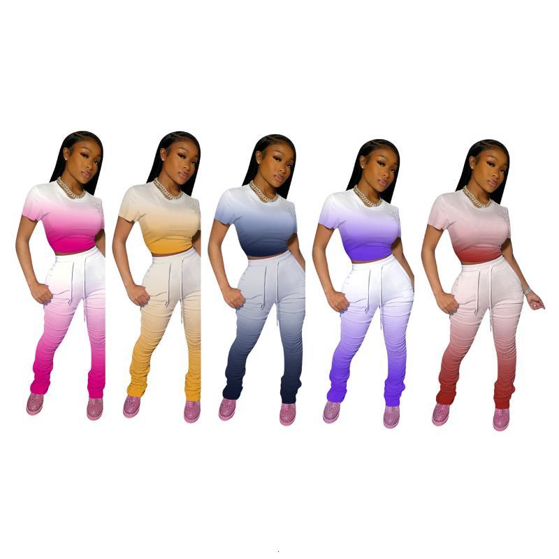 Women&#039;s Tracksuits Kili Gradient Two Set Women Tracksuit Summer Crop Top and Stacked Leggings Pants 2 Piece Outfits Sweat Suits