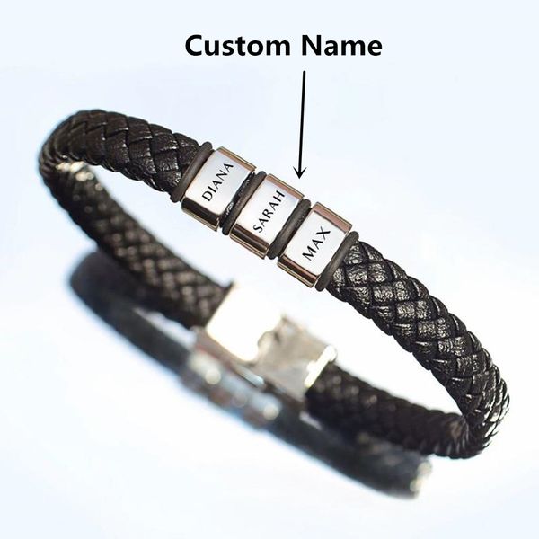 Leather Braided Rope Bracelets Personalized Genuine For Mens Custom Name 1-9 Names Beads Jewelry Gift With Gift Box