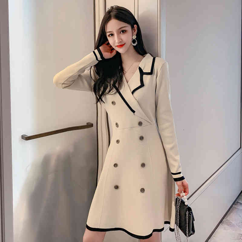 Casual Dresses Women Long Sleeve Double-Breasted Knitted A-Line Elegant Office Ladies High Waist Patchwork Slim Above Knee Party G