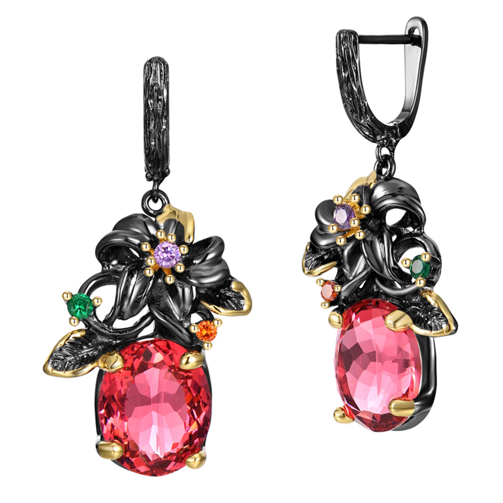 Pretty Flower Vintage Dangle Earring Big Oval Fuchsia-Purple Zircon 2 Tone Gold Plate Jewellery Nice Drop Earrings