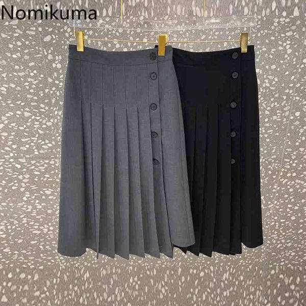 Nomikuma Women Pleated Skirt Spring Summer Buttons High Waisted Skirts Korean Causal A-line Elegant Faldas De Mujer 6H358 210427