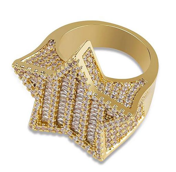 Mens Iced Out 3D Gold Super Star Rings Micro Pave Cubic Zirconia 14K Gold Plated Simulated Diamonds Hip hop Ring with gift box