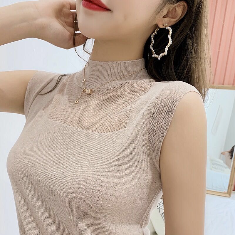 Women&#039;s Blouses & Shirts Ice Silk Knitted Slim Solid Shirt Top White Sleeveless O-neck Elegant Feminine Summer Fashion Ladies Top