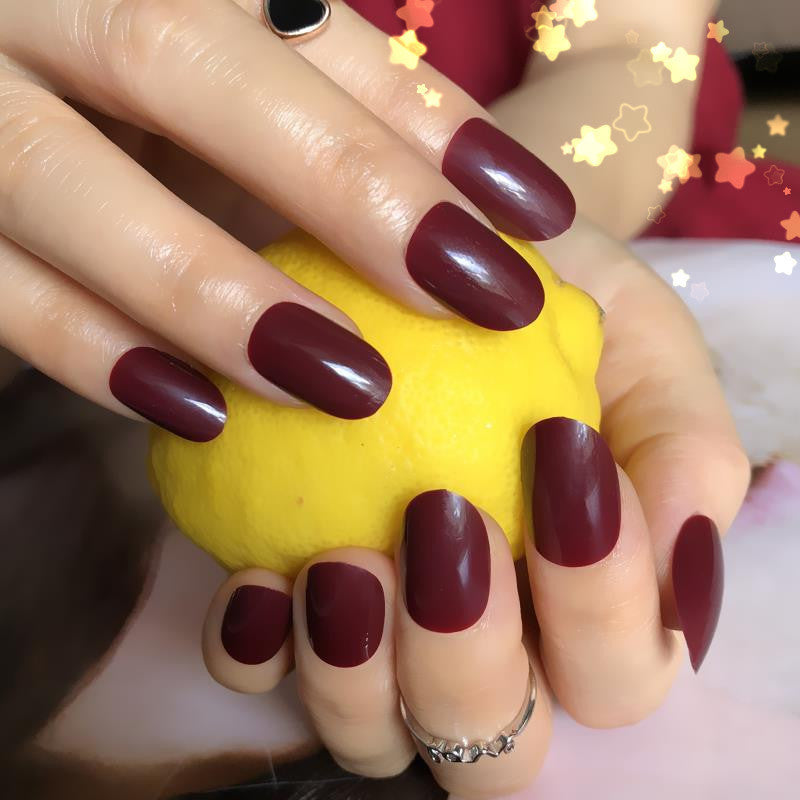 Round Natural False Nails Glitter Deep Coffee French Nail Short Round Size Manicure Tips 24pcs