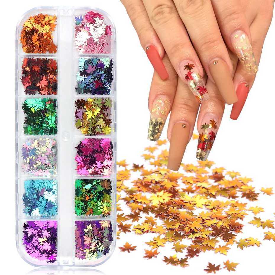 Maple Nail Sequins Summer Autumn 3D Flakes Slices Mirror Sparkly Paillette Tips Holographic Glitter Nail Art Accessories BEFY-1