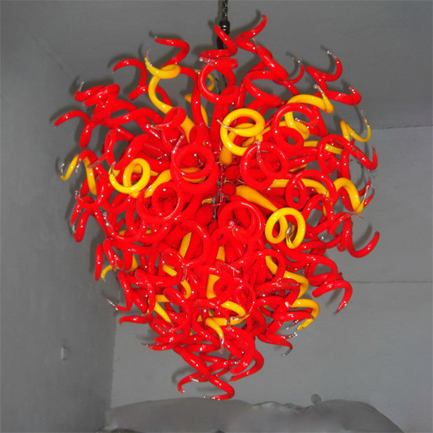 Modern Led Chandelier Lamp Red and Yellow Colored 24X32 Inches Hand Blown Glass Chandeliers Chain Pendant Lighting Store Villa office Restaurant Liv