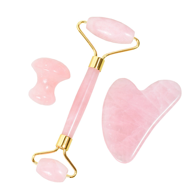 Rose Quartz Guasha Massager Natural Stone Facial Roller Massage Tool Set SPA Acupuncture Scraping Crystal Body Face Health Care