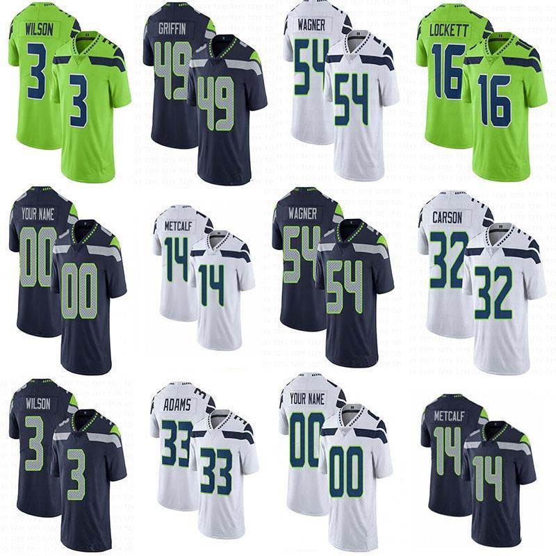Mens Womens Youth Custom Football jerseys Russell Wilson D.K. Metcalf Shaquem Griffin Chris Carson KJ Wright LJ Collier Michael Dickson Jamal Adams