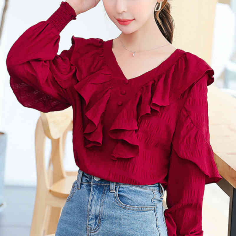 Women&#039;s Blouses & Shirts Spring Retro Fuschia V-neck Long Ruffled-Sleeve Chiffon Shirt 5L2U