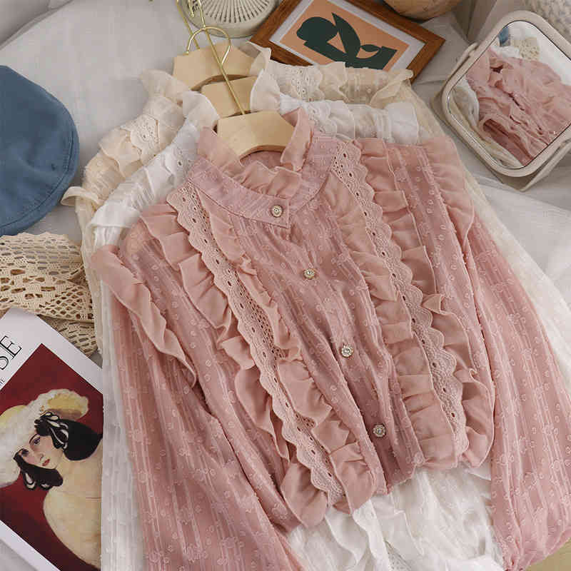 Women&#039;s Blouses & Shirts Sweet Lace Ruffles Long Lantern Sleeved Chiffon Top Pink Black Ivory Q91B