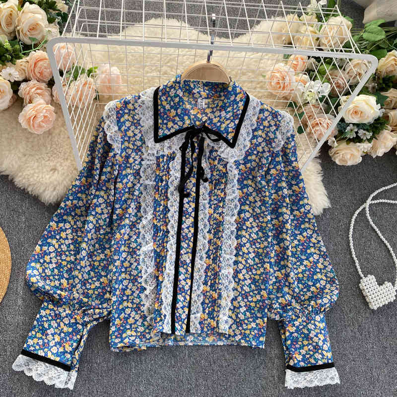 Women&#039;s Blouses & Shirts Sweet Lace Patchwork Floral Bubble Long Sleeved Single-breasted Chiffon Vintage Palace-style Top Shirt MX