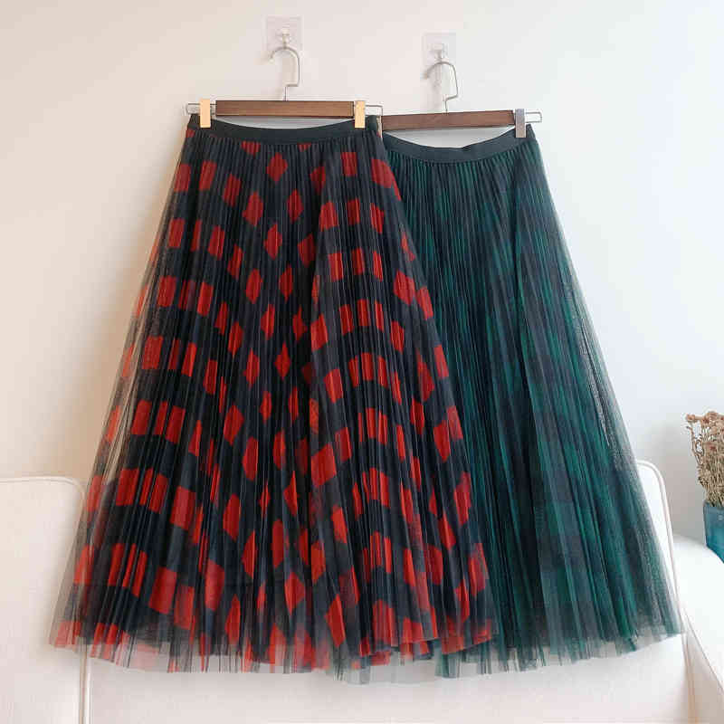 Skirts Summer Red-Green Plaid Maix Long Pleated Mesh England Style Layered Check Tulle Puff A-line HZR3