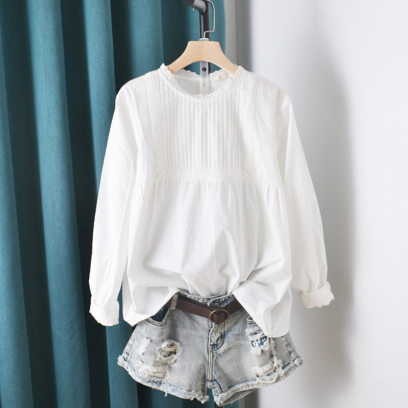 Women&#039;s Blouses & Shirts Lamtrip Unique Square Lace Stitch Pleated O-Neck White Cotton Long Sleeve Shirt 2021 Summer WW7K