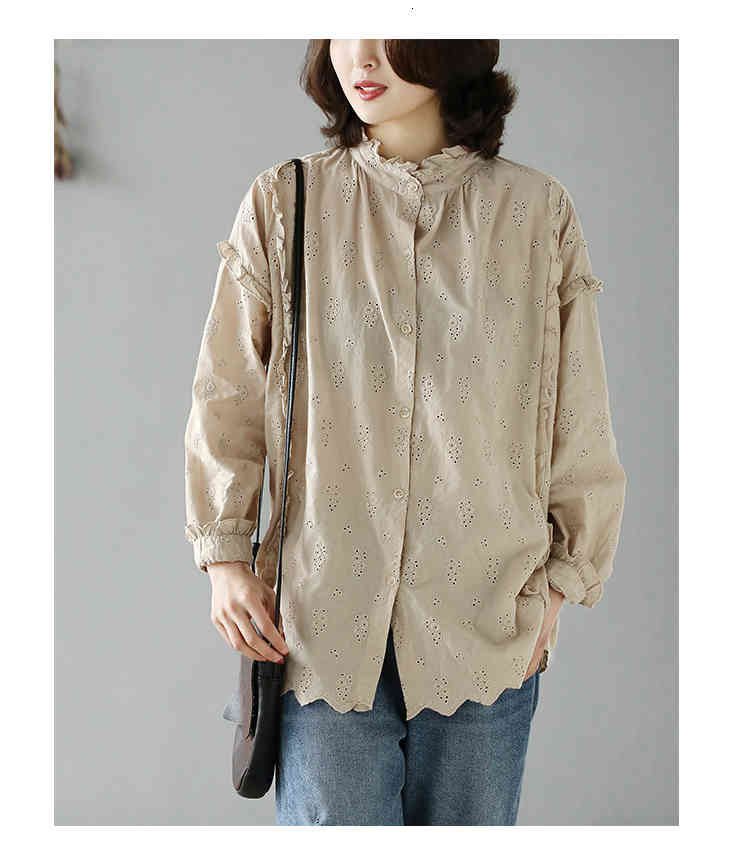 Women&#039;s Blouses & Shirts cotton long-sleeved hollow shirt lace collar literary solid color jacquard embroidered 0VRG