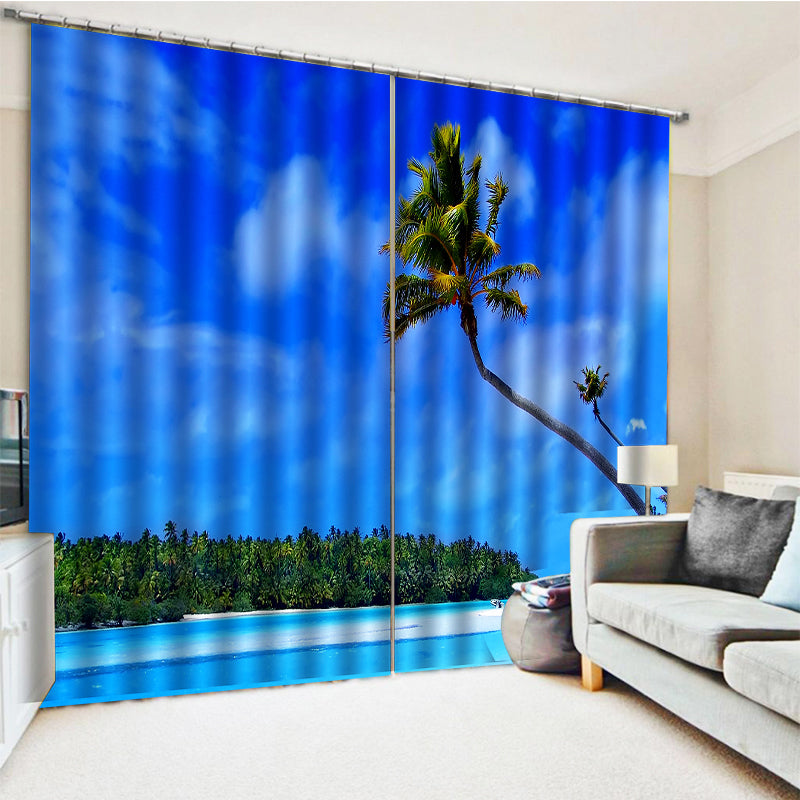 Printing Blockout Polyester blue beach curtain 3D Curtains For Living room Bedding