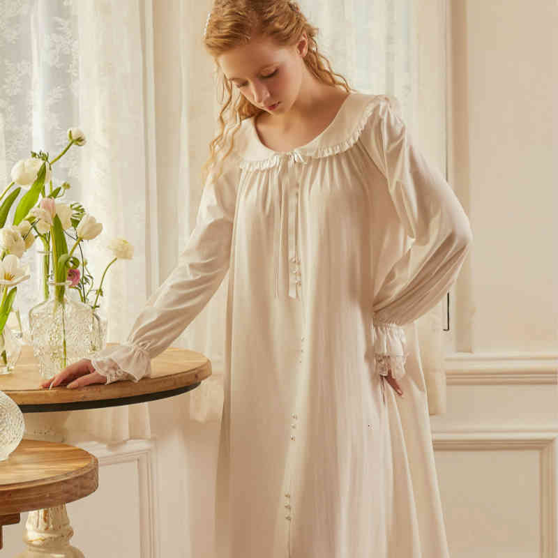 Women&#039;s Sleepwear Nightgown Long Cotton Women Sleeve Sleep Wear Lady Simple Retro Night Gown YC4U