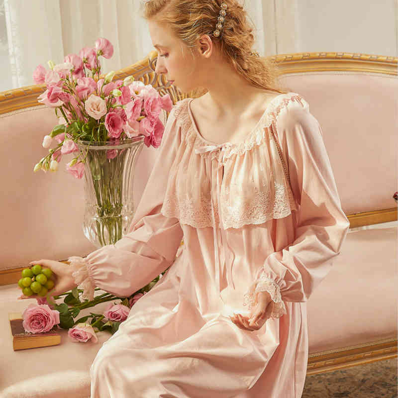 Women&#039;s Sleepwear Nightgown Cotton Long Sleeve Vintage European Medieval Style Night Pink White 0P9V