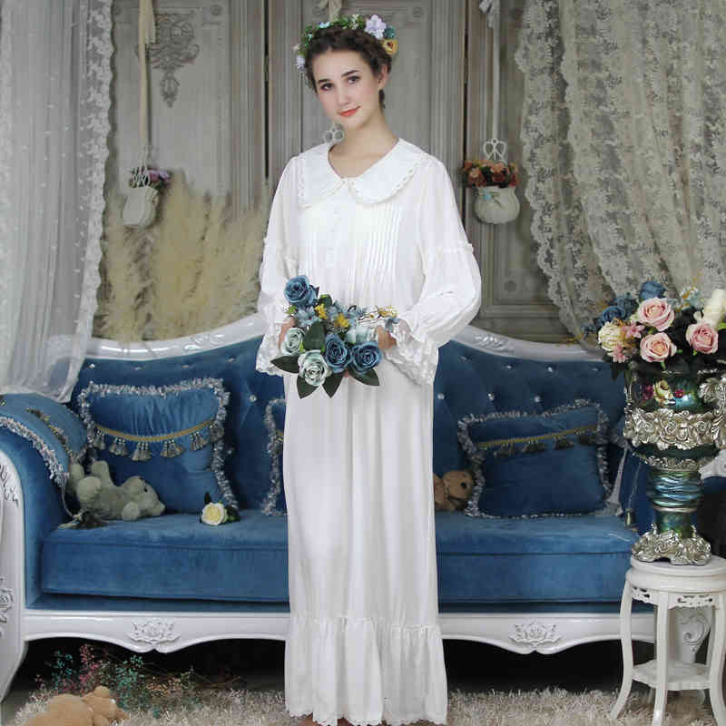 Women&#039;s Sleepwear Long sleeve Nightgown Loose Night Autumn Vintage Homewear Yellow White Nightgowns IUHS