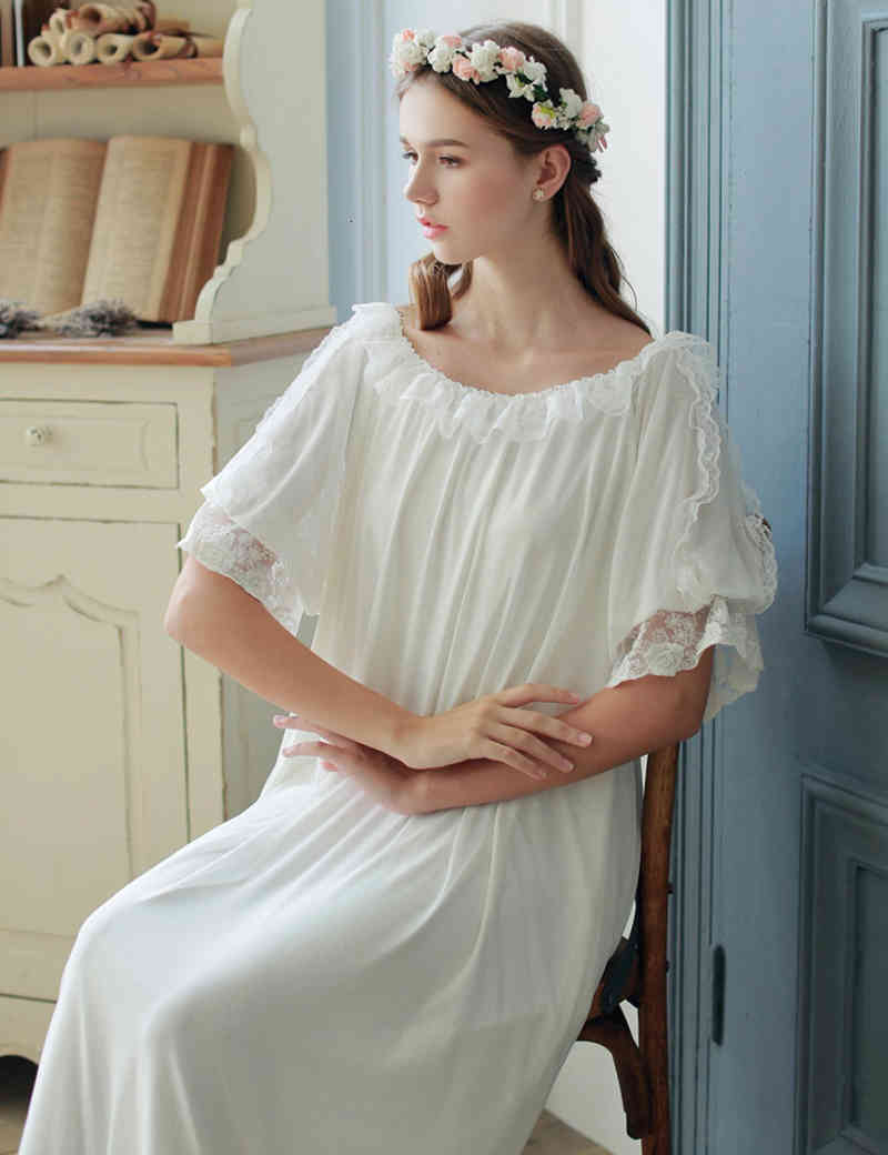 Women&#039;s Sleepwear White Princess Lace Nightgow Summer Long Nightgown Round Neck Soft modal inner home High quality FF7W
