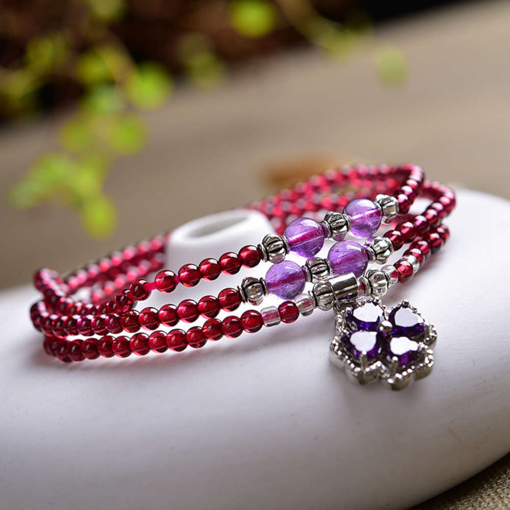 Jinxin crystal wine red garnet Three Circle Bracelet four leaf grass women&#039;s jewelry bracelet