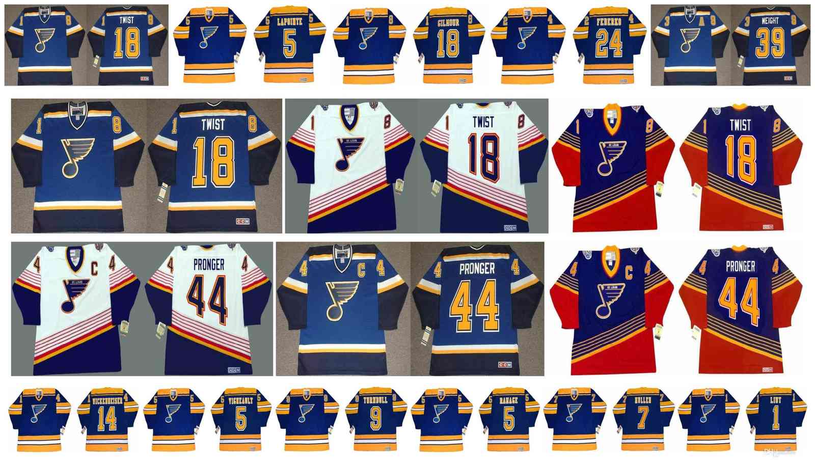 Vintage St. Louis Blues Jersey 44 Chris Pronger 18 DOUG GILMOUR 24 BERNIE FEDERKO 39 DOUG WEIGHT 18 Tony Twist 7 KEITH TKACHUK Retro Hockey