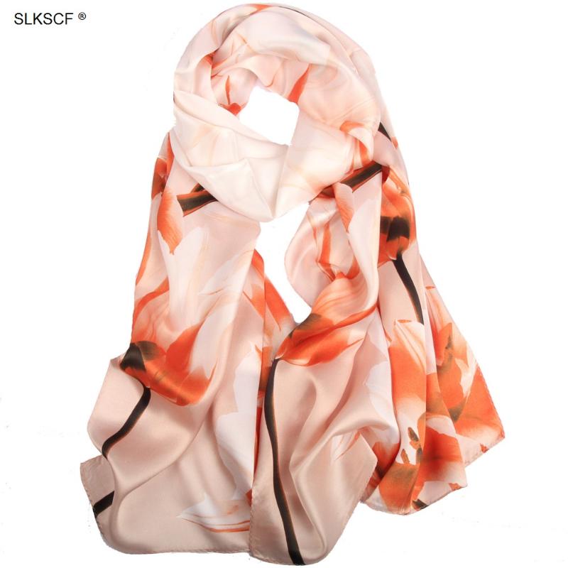 Scarves [SLKSCF] 180X55CM Woman Fashion 100% Silk Satin Scarf Floral Print Women Design Long Hijabs Capes Female